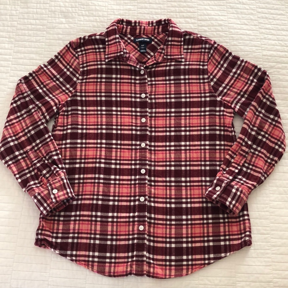Lands End petite plaid pink FLANNEL BUTTONDOWN 10p